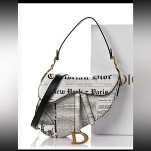 Christian Dior Calfskin Newspaper Printed Saddle Bag